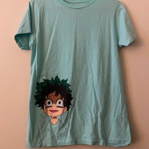 Bright teal shirt with baby deku on the side